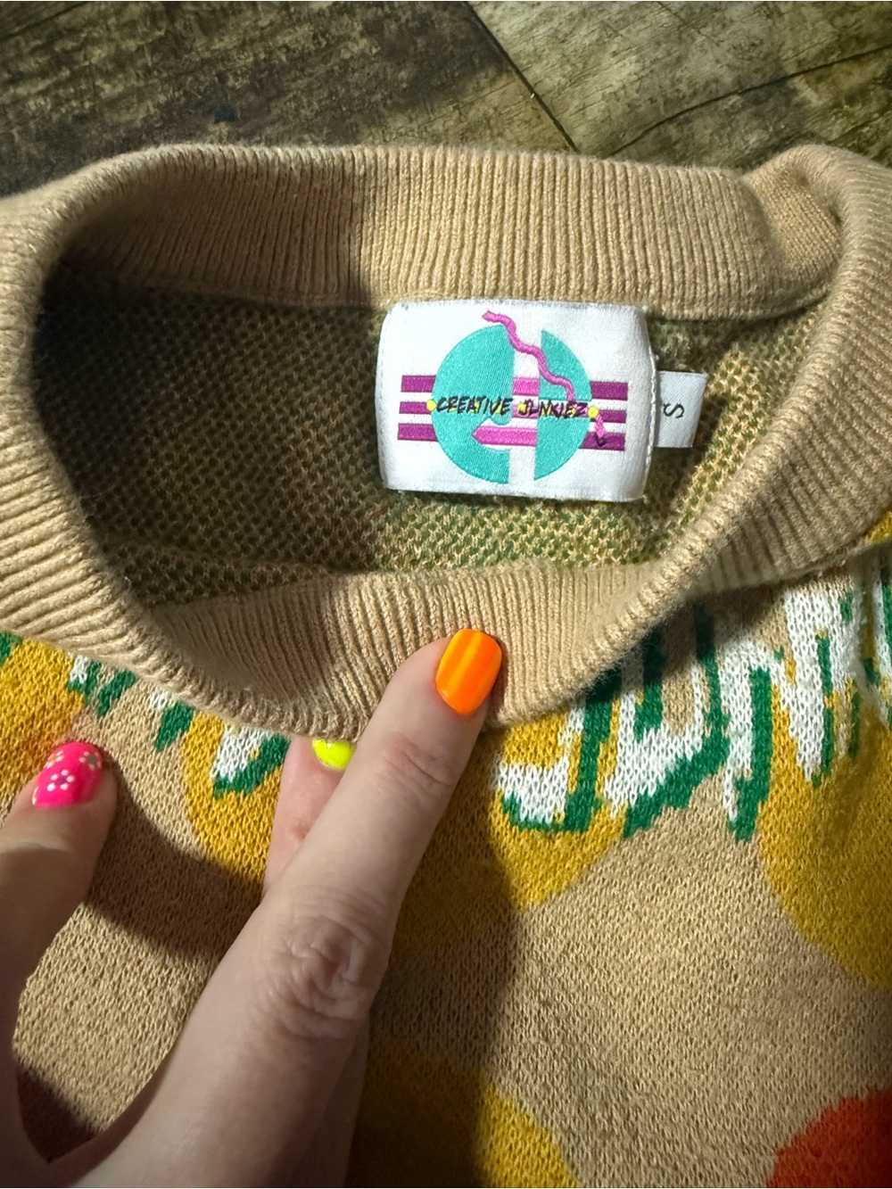 Beige Patterned Turtleneck Sweater with Yellow & Green Accents